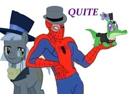 Size: 413x302 | Tagged: safe, artist:mogneciothebrave, caesar, count caesar, gummy, alligator, earth pony, human, pony, reptile, g4, 60s spider-man, british, caption, clothes, crossover, dapper, hat, image macro, leaning, lidded eyes, male, marvel comics, meme, monocle, peter parker, quite, random, simple background, smiling, spider-man, stallion, tally ho! a rainbow!, text, top hat, trio, tuxedo, wat, white background
