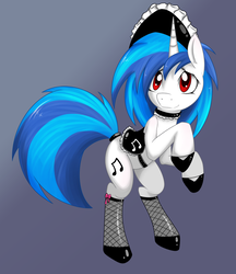 Size: 1257x1455 | Tagged: dead source, safe, artist:grumblepluck, dj pon-3, vinyl scratch, pony, unicorn, g4, adorasexy, choker, clothes, cute, female, fishnets, gradient background, hat, latex, maid, mare, rearing, red eyes, saddle, sexy, smiling, socks, solo, stockings, stupid sexy vinyl, sweet dreams fuel, tail wrap, thigh highs, vinylbetes, wrong eye color