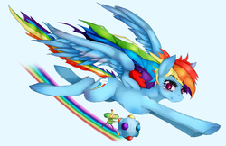 Size: 1000x647 | Tagged: source needed, safe, artist:slugbox, rainbow dash, pegasus, pony, g4, blue background, blushing, color porn, colored pupils, concave belly, crossover, cute, dashabetes, duo, eyestrain warning, female, flying, katamari damacy, looking down, mare, palindrome get, photoshop, prince, prince of all cosmos, rainbow, repdigit milestone, rolling, shiny, signature, simple background, smiling, spread wings, underhoof, white background