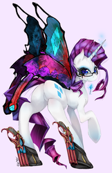 Size: 647x1000 | Tagged: safe, artist:slugbox, rarity, pony, unicorn, g4, bayonetta, bayonetta (character), butt, butterfly wings, candy, clothes, colored pupils, cosplay, costume, crossover, cute, dual pistols, elegant, eyelashes, eyestrain warning, featureless crotch, female, food, glasses, glowing horn, gun, horn, levitation, lollipop, looking at you, looking back, magic, mare, photoshop, pink background, pistol, plot, purple background, raised hoof, raribetes, rarinetta, rearity, shoes, signature, simple background, smiling, solo, telekinesis, wings
