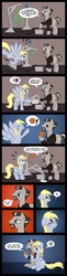 Size: 648x2664 | Tagged: safe, artist:lissystrata, derpy hooves, earth pony, pegasus, pony, comic:derpy's delivery, g4, blazer, clothes, comic, crying, dialogue, doctor who, duo, facial hair, female, male, mare, muffin, photoshop, ponified, puppy dog eyes, roger delgado, sad, show accurate, signature, stallion, the master, the unit master