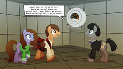 Size: 900x506 | Tagged: safe, artist:lissystrata, doctor whooves, time turner, oc, earth pony, pony, robot, g4, crossover, dialogue, doctor who, female, jamie mccrimmon, male, mare, patrick troughton, personality core, ponified, portal (valve), second doctor, show accurate, signature, space core, stallion, the doctor, trio, victoria waterfield