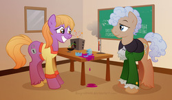 Size: 864x504 | Tagged: safe, artist:lissystrata, doctor whooves, time turner, earth pony, pony, g4, blazer, broken, chalkboard, chemicals, clothes, doctor who, duo, female, jabot, jo grant, jon pertwee, male, mare, math, numbers, photoshop, ponified, shattered glass, shirt, show accurate, signature, stallion, table, test tube, the doctor, third doctor