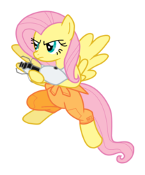 Size: 356x428 | Tagged: safe, artist:sefling, fluttershy, pegasus, pony, g4, angry, bipedal, chell, clothes, cosplay, crossover, female, flutterbadass, frown, gimp, glare, hoof hold, jumping, jumpsuit, mare, portal (valve), portal gun, show accurate, simple background, solo, spread wings, transparent background