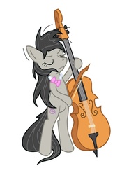 Size: 608x871 | Tagged: safe, artist:nimbostratus, octavia melody, earth pony, pony, g4, 100, 100th image on derpibooru, background pony, bed mane, bipedal, bowtie, cello, eyes closed, featureless crotch, female, frown, get, headbang, hilarious in hindsight, hoof hold, index get, mare, messy mane, milestone, morning ponies, musical instrument, octavia's bowtie, show accurate, simple background, solo, standing, white background