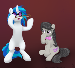 Size: 1100x1000 | Tagged: dead source, safe, artist:sonicrainboom93, dj pon-3, octavia melody, vinyl scratch, earth pony, pony, unicorn, g4, bipedal, blushing, bow (instrument), bowtie, comedy, duo, duo female, featureless crotch, female, giggling, glasses, gradient background, mare, standing