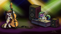 Size: 1920x1080 | Tagged: safe, artist:esuka, dj pon-3, octavia melody, vinyl scratch, earth pony, pony, unicorn, g4, bipedal, bowtie, cello, duo, duo female, female, glasses, hilarious in hindsight, mare, music, musical instrument, photoshop, standing, wallpaper