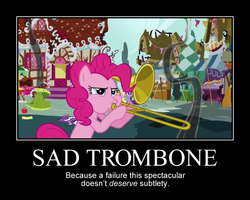 Size: 750x600 | Tagged: safe, edit, edited screencap, screencap, applejack, fluttershy, pinkie pie, twilight sparkle, g4, my little pony: friendship is magic, swarm of the century, demotivational poster, meme, musical instrument, sad trombone, trombone