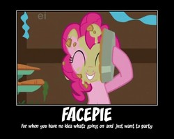 Size: 750x600 | Tagged: safe, edit, edited screencap, screencap, pinkie pie, earth pony, pony, a bird in the hoof, g4, demotivational poster, ei, female, meme, pie, smiling, solo