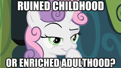 Size: 624x351 | Tagged: safe, edit, edited screencap, screencap, sweetie belle, family appreciation day, g4, bust, hoof over mouth, image macro, raised eyebrow, smiling, smirk, solo, thinking