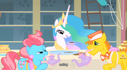 Size: 640x355 | Tagged: safe, screencap, carrot cake, cup cake, princess celestia, alicorn, earth pony, pony, a bird in the hoof, g4, female, male, mare, mouth hold, stallion, trio, youtube caption