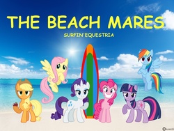 Size: 1400x1050 | Tagged: safe, applejack, fluttershy, pinkie pie, rainbow dash, rarity, twilight sparkle, g4, album cover, beach, surfboard, the beach boys