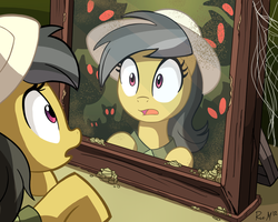 Size: 1500x1200 | Tagged: safe, artist:ric-m, daring do, pony, g4, female, glowing eyes, mirror, reflection, solo, spider web, surprised