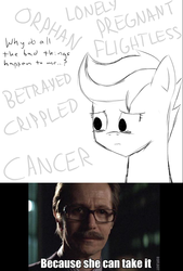 Size: 641x949 | Tagged: safe, artist:coolstorybrony, scootaloo, g4, disembodied thoughts, image macro, please don't take this the wrong way, read description, sad, scootaleukemia, the dark knight