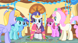Size: 640x355 | Tagged: safe, edit, edited screencap, screencap, berry punch, berryshine, cloud kicker, gala appleby, minuette, rarity, spring melody, sprinkle medley, twinkleshine, pegasus, pony, unicorn, a bird in the hoof, g4, clothes, dress, female, formal wear, gala dress, gown, jewelry, mare, rarity's first gala dress, tiara, youtube caption