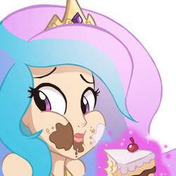 Size: 500x500 | Tagged: safe, artist:ric-m, princess celestia, human, g4, ponyville confidential, aweeg*, cake, cakelestia, cute, cutelestia, female, food, frown, humanized, looking back, messy, messy eating, nervous, puffy cheeks, scene interpretation, solo