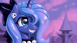 Size: 1920x1080 | Tagged: safe, artist:kp-shadowsquirrel, princess luna, pony, g4, acne, adorkable, bow, braces, bust, collar, cute, dork, female, filly, goth, lunabetes, portrait, s1 luna, skull, solo, wallpaper, young, younger