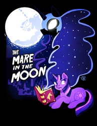 Size: 800x1035 | Tagged: safe, artist:steveholt, nightmare moon, twilight sparkle, alicorn, pony, unicorn, g4, book, female, full moon, hooves, horn, lineless, lying down, mare, mare in the moon, moon, open mouth, poster, prone, solo, text