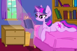 Size: 900x600 | Tagged: safe, artist:charletothemagne, twilight sparkle, pony, g4, bed, book, female, solo, window