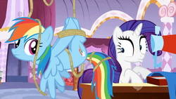 Size: 500x281 | Tagged: safe, edit, rainbow dash, rarity, g4, carousel boutique, hanging, rope, tied up