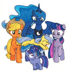 Size: 3940x4189 | Tagged: safe, artist:thedarklordkeisha, applejack, princess luna, twilight sparkle, oc, oc:cassiopeia, oc:harvest moon, g4, female, lesbian, living constellation, magical lesbian spawn, mama twilight, offspring, ot3, parent:applejack, parent:princess luna, parent:twilight sparkle, parents:lunajack, parents:twiluna, polyamory, ship:lunajack, ship:twijack, ship:twiluna, shipping, simple background