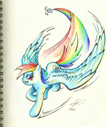 Size: 900x1060 | Tagged: safe, artist:blabyloo229, rainbow dash, pegasus, pony, g4, female, flying, looking at you, mare, rainbow trail, signature, smiling, solo, traditional art