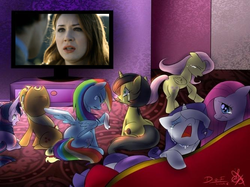 Size: 667x500 | Tagged: safe, applejack, fluttershy, pinkie pie, rainbow dash, rarity, twilight sparkle, oc, oc:pauly sentry, g4, amy pond, doctor who, exploitable meme, karen gillan, mane six, meme, sad movie meme, the angels take manhattan