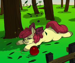 Size: 827x699 | Tagged: safe, artist:kevinsano, apple bloom, earth pony, pony, g4, apple, colored, female, filly, gravity, lying down, messy mane, pain star, prone, solo, sploot