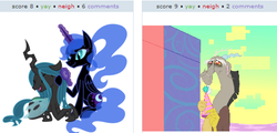 Size: 512x245 | Tagged: safe, discord, nightmare moon, queen chrysalis, derpibooru, g4, exploitable meme, juxtaposition, juxtaposition win, meta