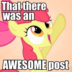 Size: 600x594 | Tagged: safe, apple bloom, g4, image macro, impact font, pointing, reaction image