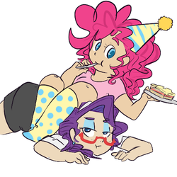 Size: 500x500 | Tagged: safe, artist:mt, pinkie pie, rarity, human, g4, cake, clothes, eating, food, glasses, hat, humanized, party hat, socks