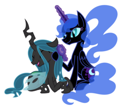 Size: 1091x969 | Tagged: safe, artist:cuttycommando, nightmare moon, queen chrysalis, alicorn, changeling, changeling queen, pony, g4, brush, brushing, cute, cutealis, female, lesbian, magic, mare, ship:chrysmoon, shipping, simple background, transparent background
