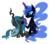 Size: 1091x969 | Tagged: safe, artist:cuttycommando, nightmare moon, queen chrysalis, alicorn, changeling, changeling queen, pony, g4, brush, brushing, cute, cutealis, female, lesbian, magic, mare, ship:chrysmoon, shipping, simple background, transparent background