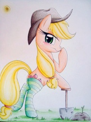 Size: 480x640 | Tagged: safe, artist:prettypinkpony, applejack, earth pony, pony, g4, bipedal, bipedal leaning, butt, clothes, female, gardening, hat, leaning, looking at you, mare, plot, profile, shovel, socks, solo, sprout, stockings, thigh highs, traditional art