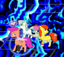 Size: 1500x1337 | Tagged: safe, artist:lamia, apple bloom, scootaloo, sweetie belle, earth pony, pegasus, pony, unicorn, g4, cutie mark crusaders, energy sword, female, filly, gun, mouth hold, parody, phantasy star, sword, trippy, wand, weapon