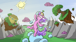Size: 1600x900 | Tagged: safe, artist:oblivinite, screwball, pony, g4, balancing, bubble, chaos, female, solo, tree