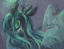 Size: 900x700 | Tagged: safe, artist:mosacd, queen chrysalis, changeling, changeling queen, g4, crown, fangs, female, glowing horn, green eyes, horn, insanity, jewelry, regalia, transparent wings, wings