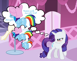 Size: 1408x1120 | Tagged: safe, edit, edited screencap, screencap, rainbow dash, rarity, pegasus, pony, unicorn, g4, angry, blushing, butt, carousel boutique, close-up, embarrassed, eyes closed, feels like i'm wearing nothing at all, female, frown, glare, lesbian, looking back, looking down, male, mare, parody, plot, rainbutt dash, raised hoof, reference, ship:raridash, simpsons did it, smiling, solo, stupid sexy flanders, stupid sexy rainbow dash, text, the simpsons, thought bubble, towel, we don't normally wear clothes