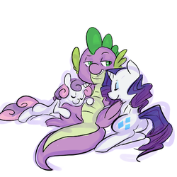 Size: 500x500 | Tagged: safe, artist:mt, rarity, spike, sweetie belle, dragon, pony, unicorn, g4, butt, female, filly, foal, interspecies, male, mare, plot, ship:sparity, ship:spikebelle, shipping, sparibelle, straight, swag