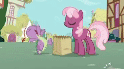 Size: 370x206 | Tagged: safe, screencap, cheerilee, spike, dragon, earth pony, pony, g4, season 2, secret of my excess, all new, animated, cheeribetes, cute, cutie mark, daaaaaaaaaaaw, duo male and female, gif, hat, hub logo, hug, jumping, pimp hat, ponyville, shopping bag, smiling, spikabetes, text