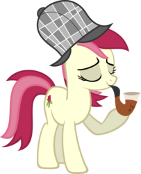 Size: 1600x1971 | Tagged: safe, artist:delectablecoffee, roseluck, earth pony, pony, g4, bubble pipe, deerstalker, detective, eyes closed, female, hat, mare, pipe, raised hoof, sherlock holmes, show accurate, simple background, smiling, solo, transparent background, vector