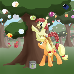 Size: 3000x3000 | Tagged: safe, artist:whatsapokemon, apple bloom, applejack, big macintosh, oc, earth pony, pony, g4, duo, high res, male, paint, stallion