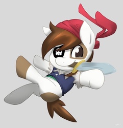 Size: 772x800 | Tagged: safe, artist:mirapony, pipsqueak, pony, g4, clothes, costume, eyepatch, male, mouth hold, pirate, solo, squeakabetes, sword, weapon