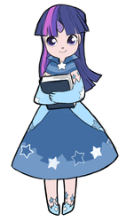 Size: 424x700 | Tagged: safe, artist:cubewatermelon, twilight sparkle, human, g4, book, clothes, dress, female, gala dress, horn, horned humanization, humanized, simple background, solo, white background