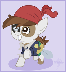 Size: 3200x3500 | Tagged: safe, artist:blitzkatze, pipsqueak, earth pony, pony, g4, clothes, costume, eyepatch, foal, high res, looking up, male, nightmare night costume, pirate, raised hoof, smiling