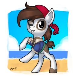 Size: 500x500 | Tagged: safe, artist:meme772, pipsqueak, g4, beach, cloud, cloudy, cute, eyepatch, on hind legs, pirate, popping out of frame, sand, squeakabetes