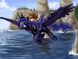 Size: 1024x768 | Tagged: safe, artist:stalcry, pipsqueak, princess luna, g4, crossover, eyes closed, flying, how to train your dragon, parody, pipsqueak riding luna, ponies riding ponies, riding, water