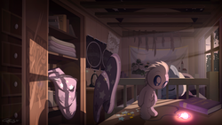 Size: 1920x1080 | Tagged: safe, artist:gign-3208, trixie, pony, g4, bed, crepuscular rays, glowing, interior, messy, sleeping, table