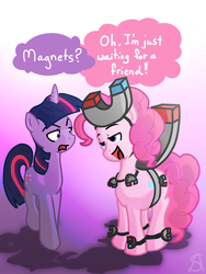 Size: 527x700 | Tagged: safe, artist:obscuresmudge, pinkie pie, twilight sparkle, earth pony, pony, unicorn, g4, comic, cutie mark, female, gradient background, hooves, horn, magnet, mare, one-panel comic, open mouth, speech bubble, text