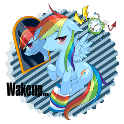 Size: 1500x1500 | Tagged: safe, artist:ino, rainbow dash, g4, mirror, morning ponies, pixiv, sleepy